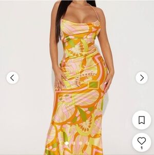 Fashion Nova satin maxi dress in paisley yellow and orange